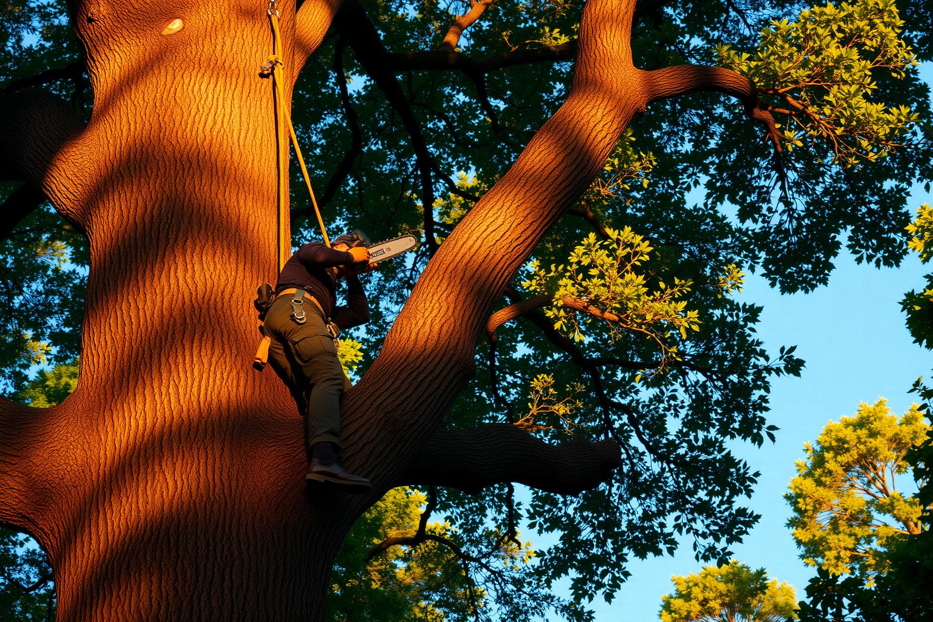 Arborist climbing a large oak tree in North Carolina